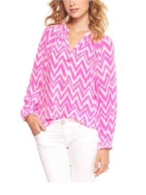 Lilly Pulitzer Chevron Neon Pink White Blouse Medium 🏝️ 100% silk